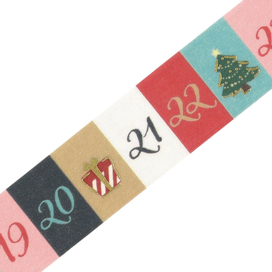 Close-up of BGM Advent Calendar washi tape showing days 19 to 22 with a gold-foil gift box and Christmas tree