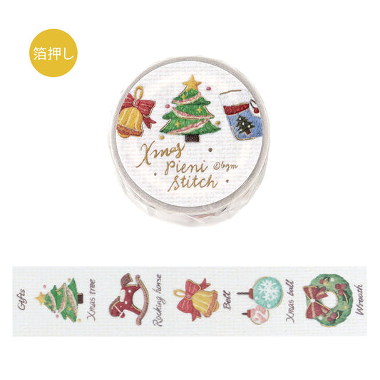 BGM Christmas Limited Pieni Stitch foil washi tape, 20mm roll and strip with embroidery-style Christmas motifs and English labels