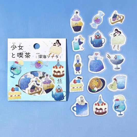 BGM Foil Stamping Flake Seal – Girl and Café: Deep Sea Soda featuring 45 washi stickers with café girls, bubbly beverages, and ocean-inspired sweets, all adorned with foil accents and embossed textures.