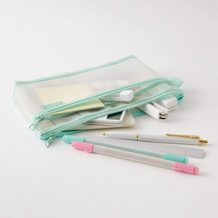 Midori Mesh Pen Pouch <Limited Edition> — Check Green — with packaging