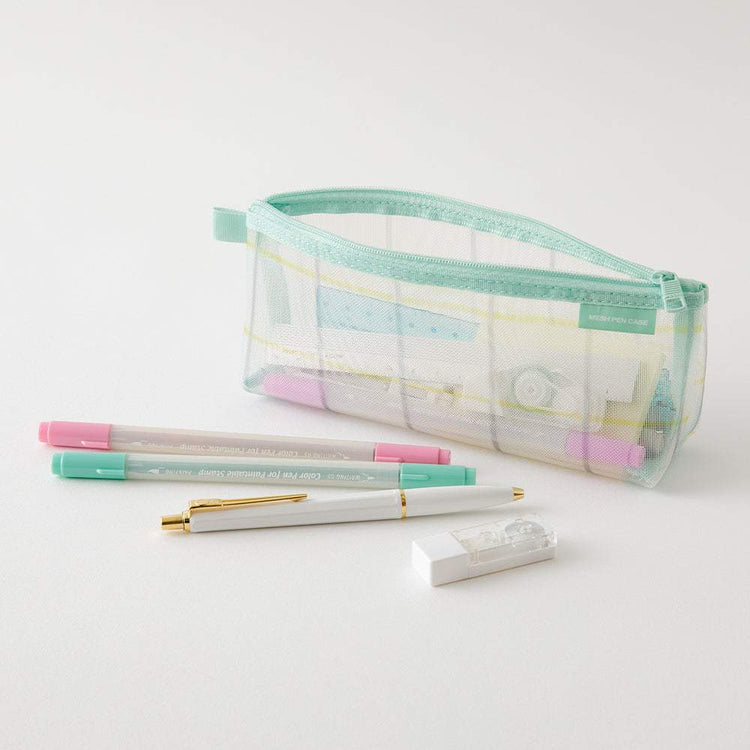 Midori Mesh Pen Case with Gusset <Limited Edition> — Check Green — with packaging