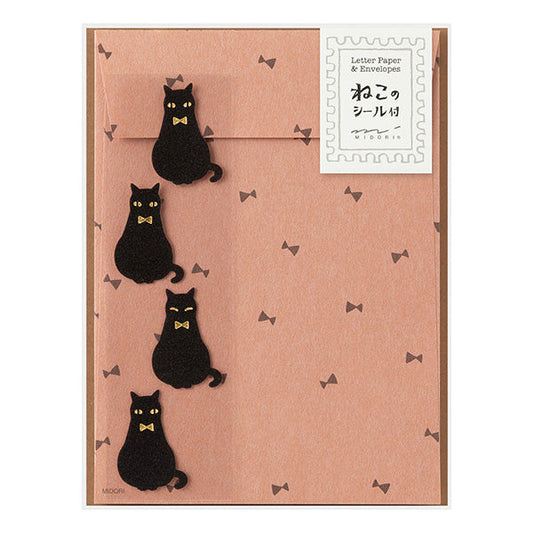 Midori Letter Paper & Envelopes with Stickers — Black Cat A — front view