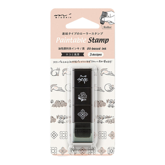 Midori Paintable Stamp Roller — Cat & Landscape — stamp front