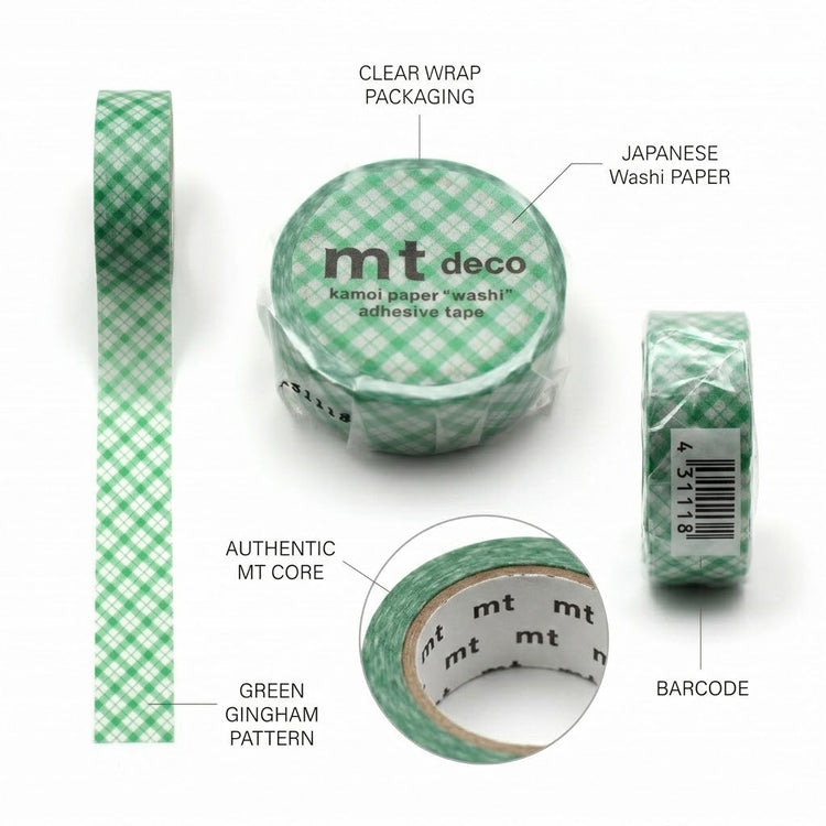 mt 1P Kamoi Washi Tape — Overlapped Wide Gingham Green — rolled out on paper