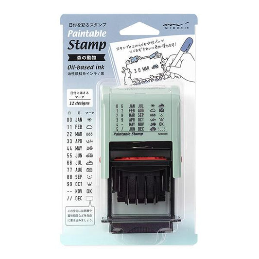 Midori Paintable Rotating Date Stamp — Forest Animals — stamp front