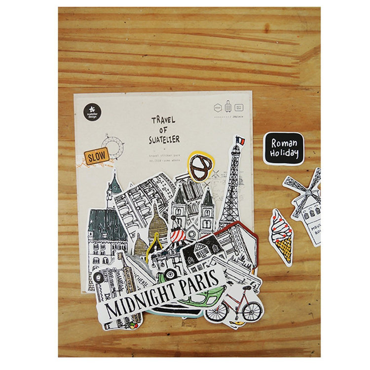 Suatelier Travel Luggage Sticker Pack — Some Where — applied in a journal