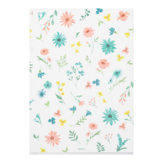 Midori A4 3-Pocket Clear Folder — Flowers B — front view