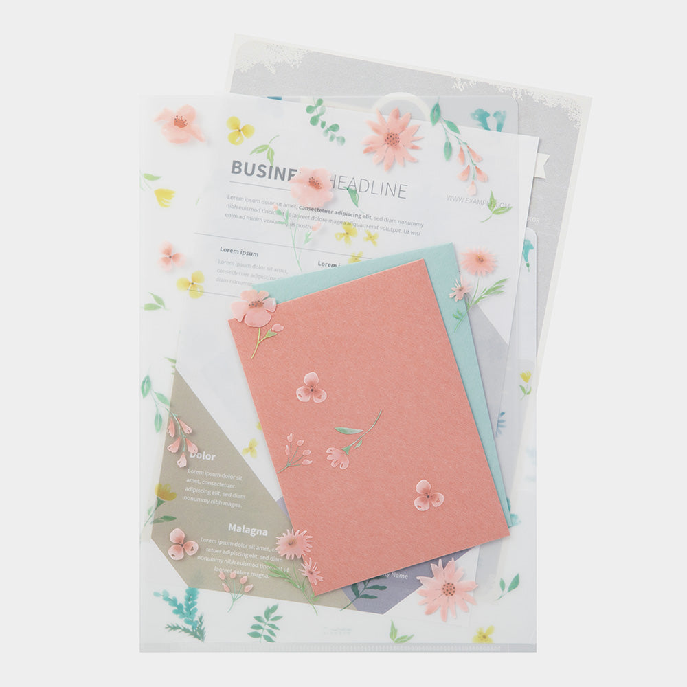 Midori A4 3-Pocket Clear Folder — Flowers B — with packaging