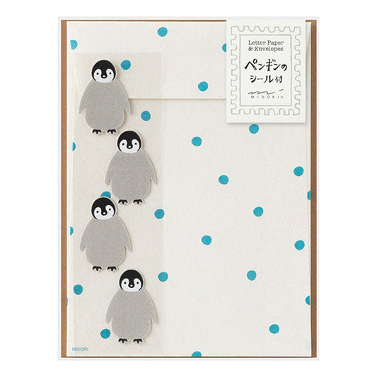 Midori Letter Paper & Envelopes with Stickers — Penguin A — front view