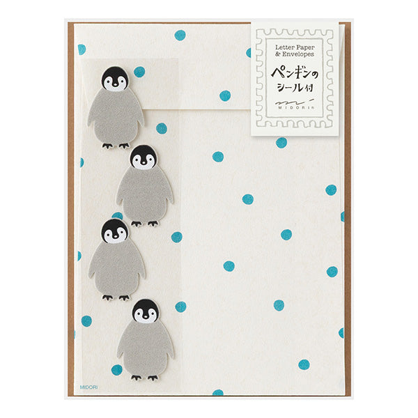 Midori Letter Paper & Envelopes with Stickers — Penguin A — front view