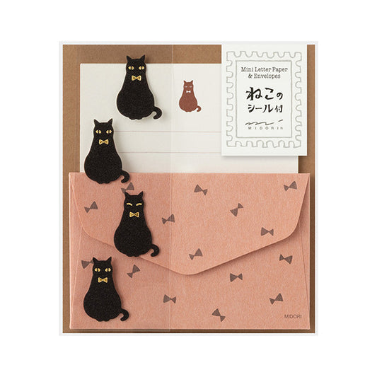 Midori Mini Letter Paper & Envelopes with Stickers — Black Cat — front view