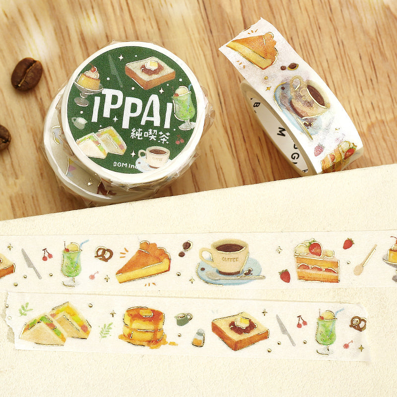 BGM Foil Stamping Masking Tape — IPPAI・Classic Coffee Shops Galore — rolled out on paper