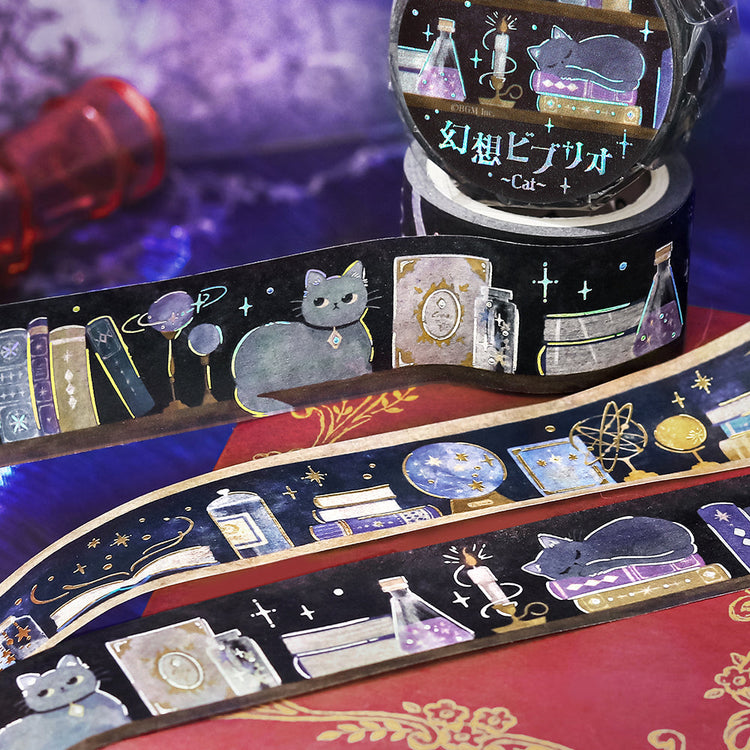 BGM Foil Stamping Masking Tape — Fantasy Bibliotheca Cat — rolled out on paper