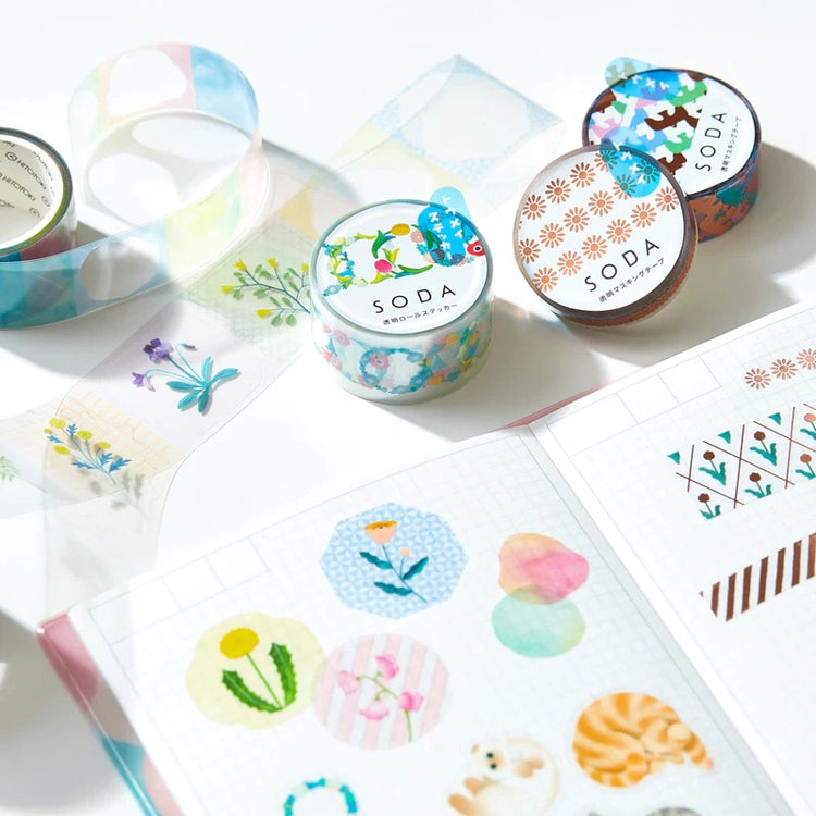 KITTA Soda Transparent Masking Tape — Hanakazari — rolled out on paper