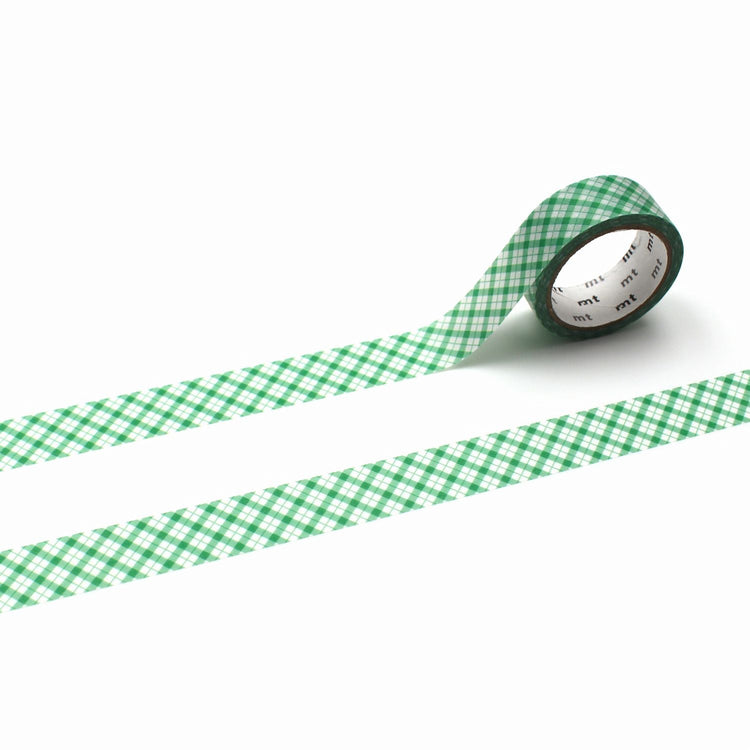 mt 1P Kamoi Washi Tape — Overlapped Wide Gingham Green — roll front