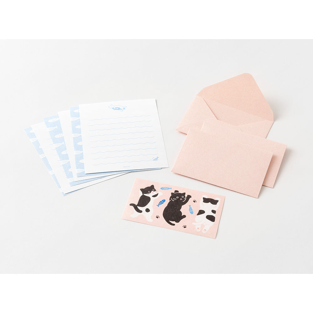 Midori Mini Letter Set with Stickers — Hungry Cat — front view