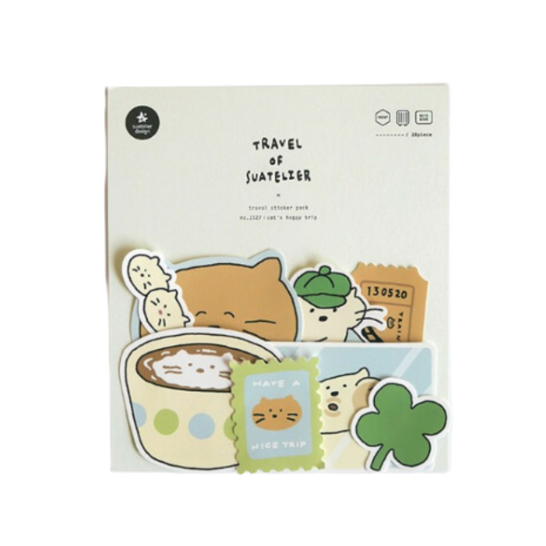 Suatelier Sticker — Cat's Happy Trip — applied in a journal