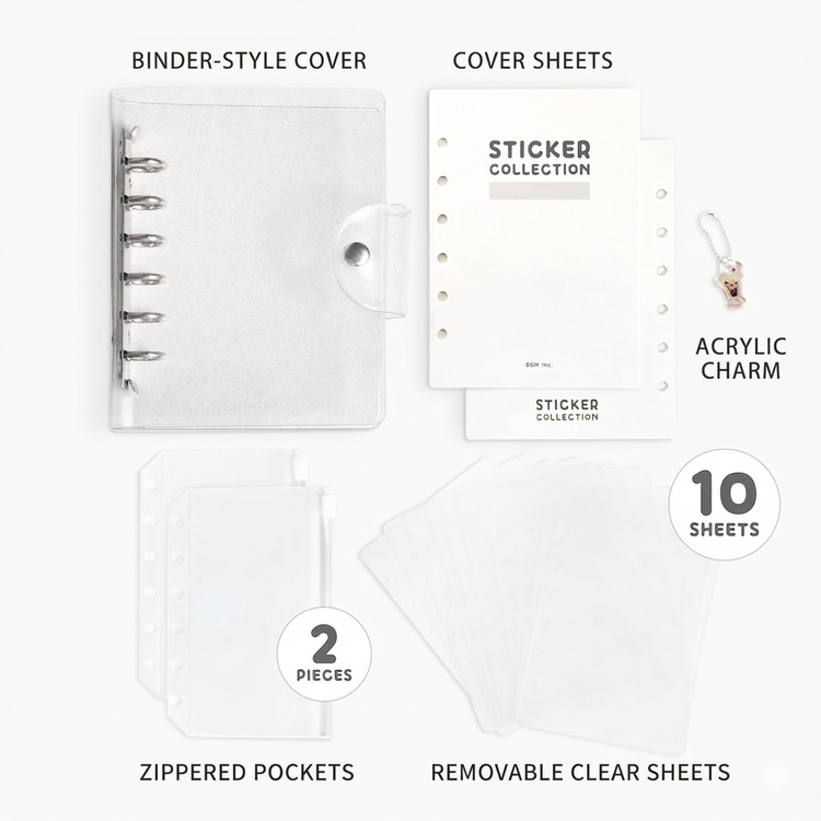 BGM Notebook-Style Sticker Book — A6 Glitter Clear — with packaging