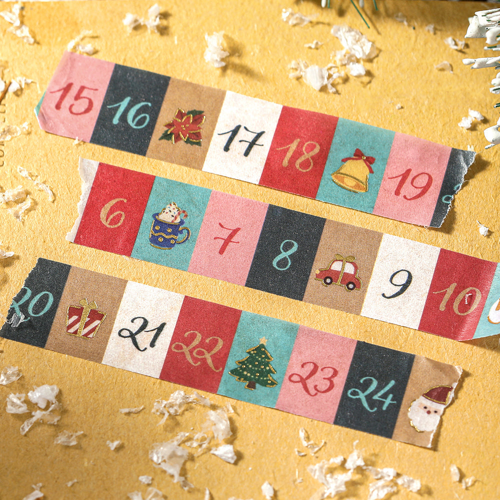 Three torn strips of BGM Advent Calendar washi tape on kraft paper, showing days 6 to 24 in colour blocks
