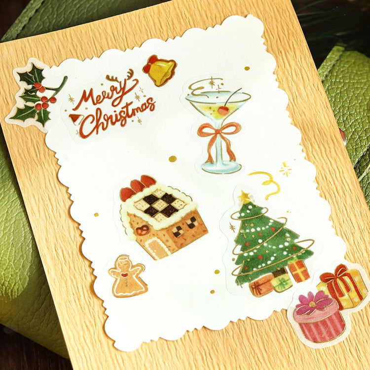 Christmas card decorated with BGM Christmas Collection flake stickers: tree, gingerbread house, cocktail and gifts