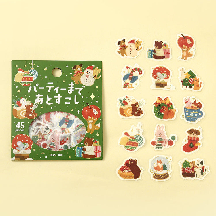 BGM Just a Little Longer Until the Party pack beside all 15 flake sticker designs of animals preparing for Christmas