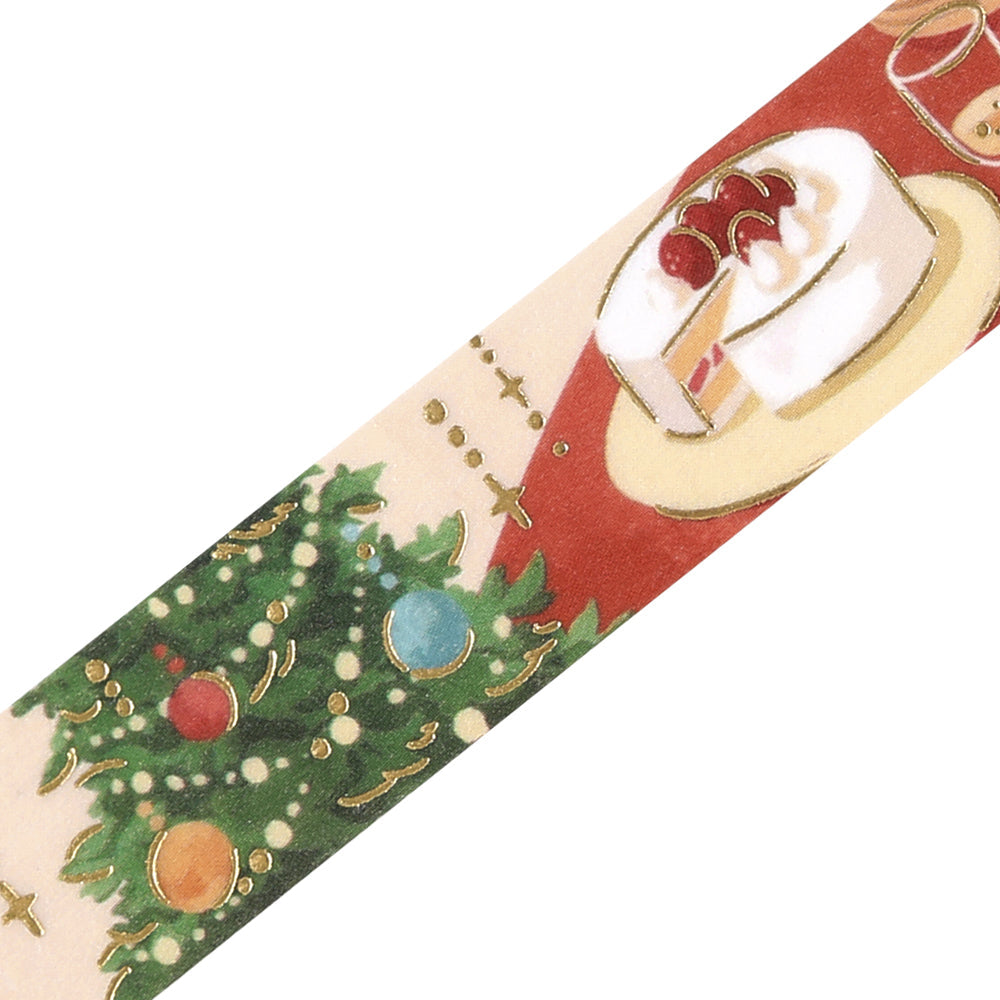 Close-up of BGM Gathering Around the Table washi tape: Christmas tree and strawberry cake with gold-foil outlines