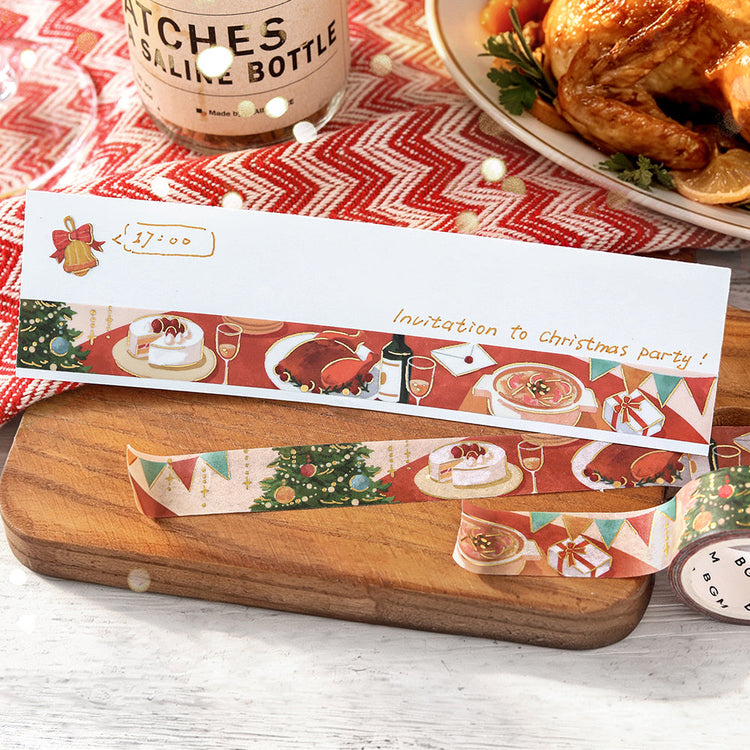 Christmas party invitation card decorated with a strip of BGM Gathering Around the Table washi tape