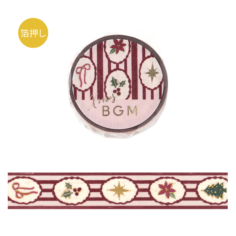 BGM Christmas Limited Holiday Pattern foil washi tape, 15mm roll and strip with Christmas motifs in scalloped frames on burgundy stripes
