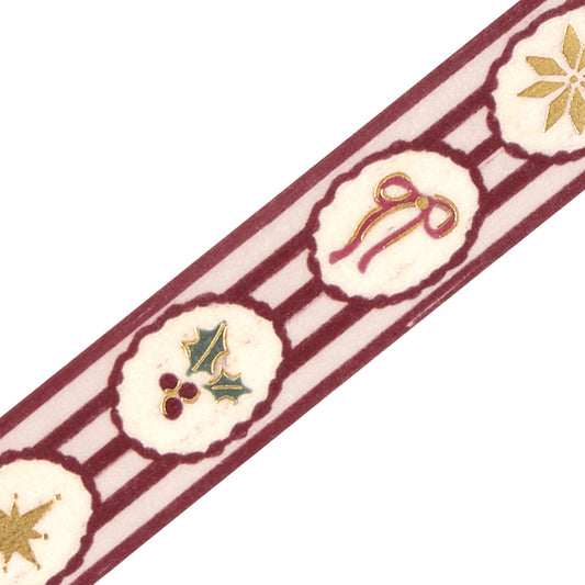 Close-up of BGM Holiday Pattern washi tape: gold-foil star, pink ribbon bow and holly in scalloped frames