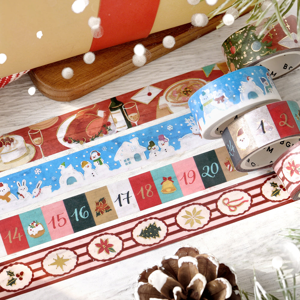 BGM 2026 Christmas Limited washi tapes side by side, with the Holiday Pattern tape in the front row