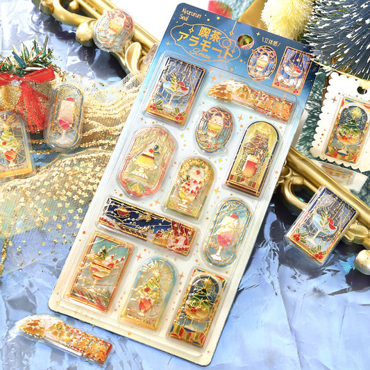 BGM Cafe a la Mode Stained Glass Kyururun sheet with loose stained-glass window stickers on blue and gold