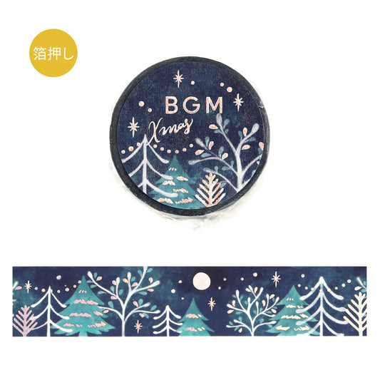 BGM Christmas Limited Moonlit Forest foil washi tape, 20mm roll and strip with snowy trees under a moon on a navy sky