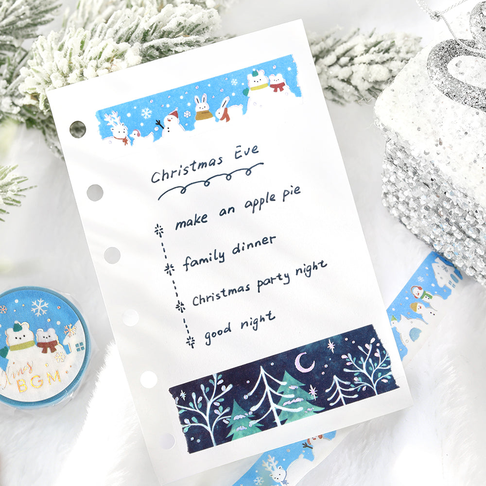 Christmas Eve planner page with BGM Moonlit Forest washi tape along the bottom and Various Snowmen tape at the top
