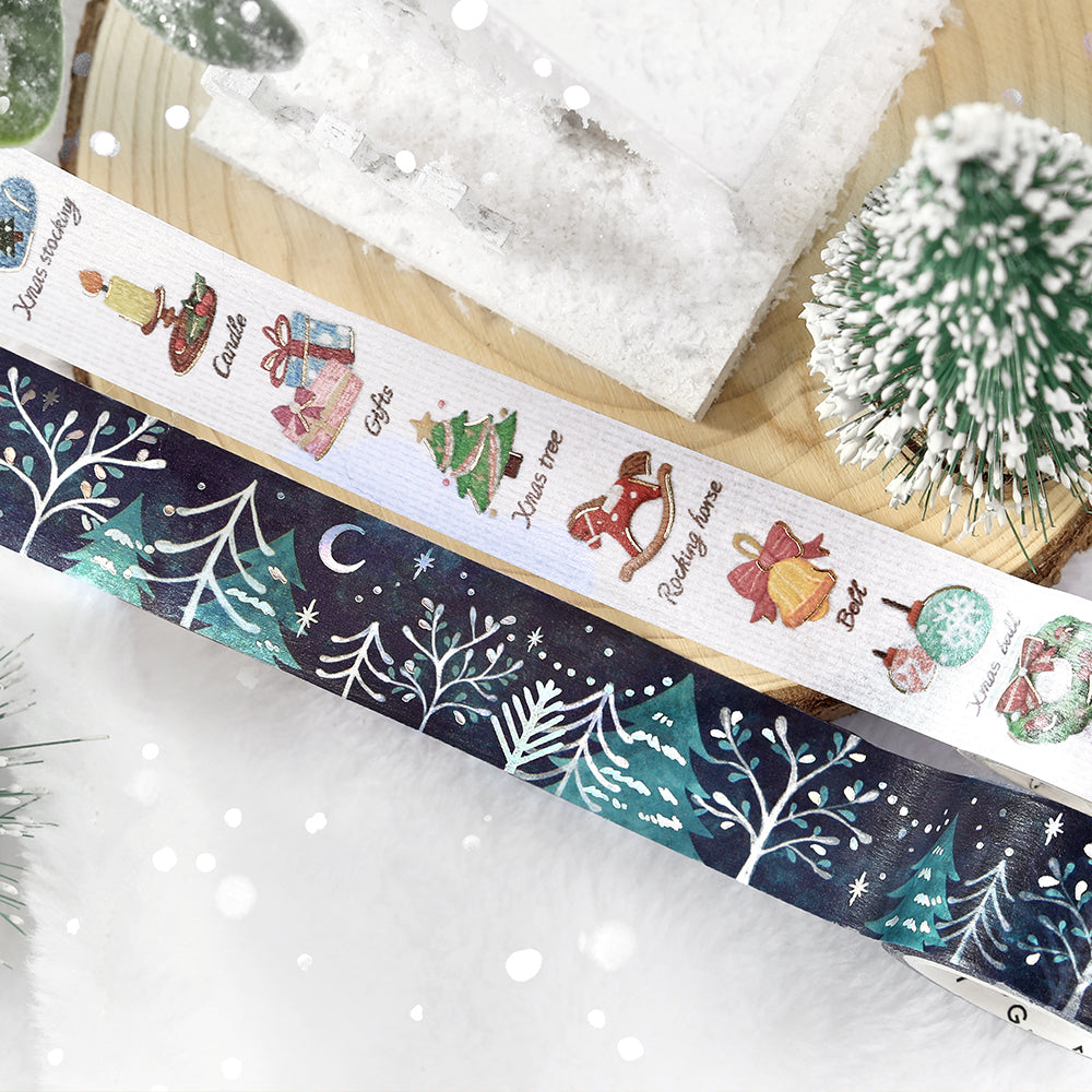 BGM Moonlit Forest and Pieni Stitch Christmas washi tapes, the two 20mm designs, on a wooden slice with snow
