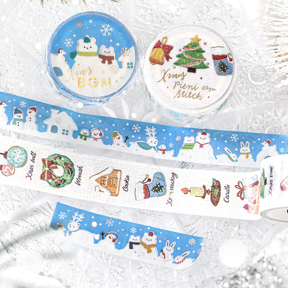 BGM Pieni Stitch and Various Snowmen Christmas washi tapes unrolled on frosted glass