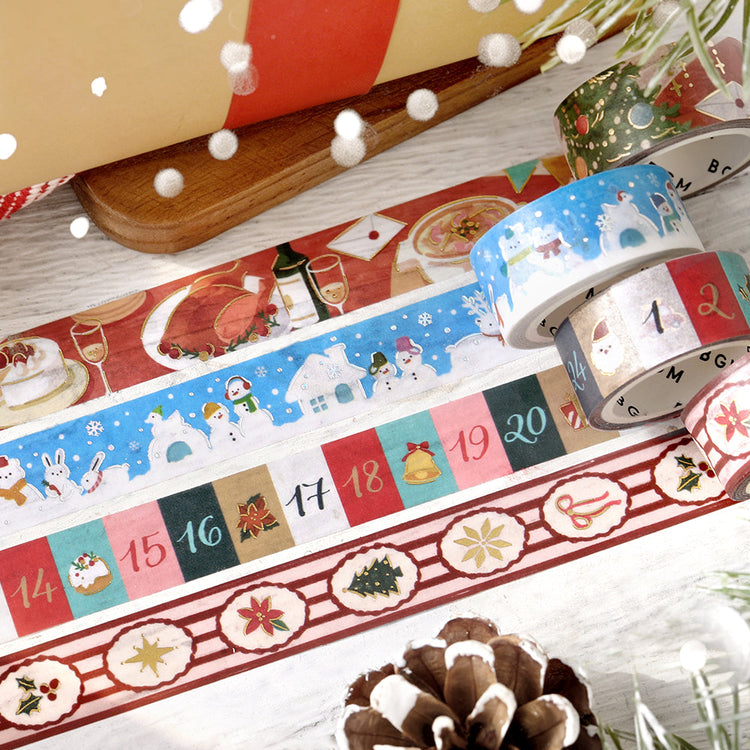BGM 2026 Christmas Limited washi tapes side by side, with the Various Snowmen tape in the second row