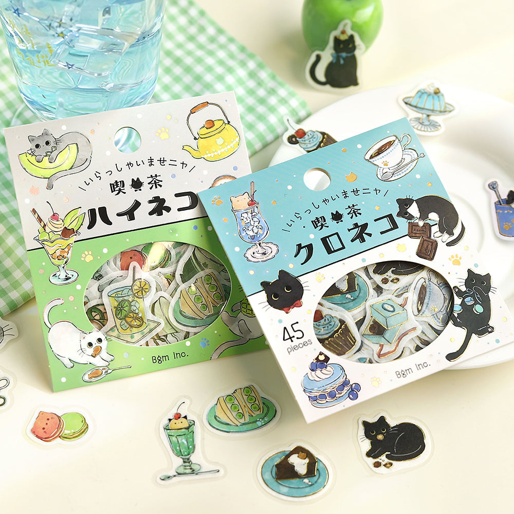 BGM Flakes Seal: Welcome Meow! — Café Kuroneko — flat lay