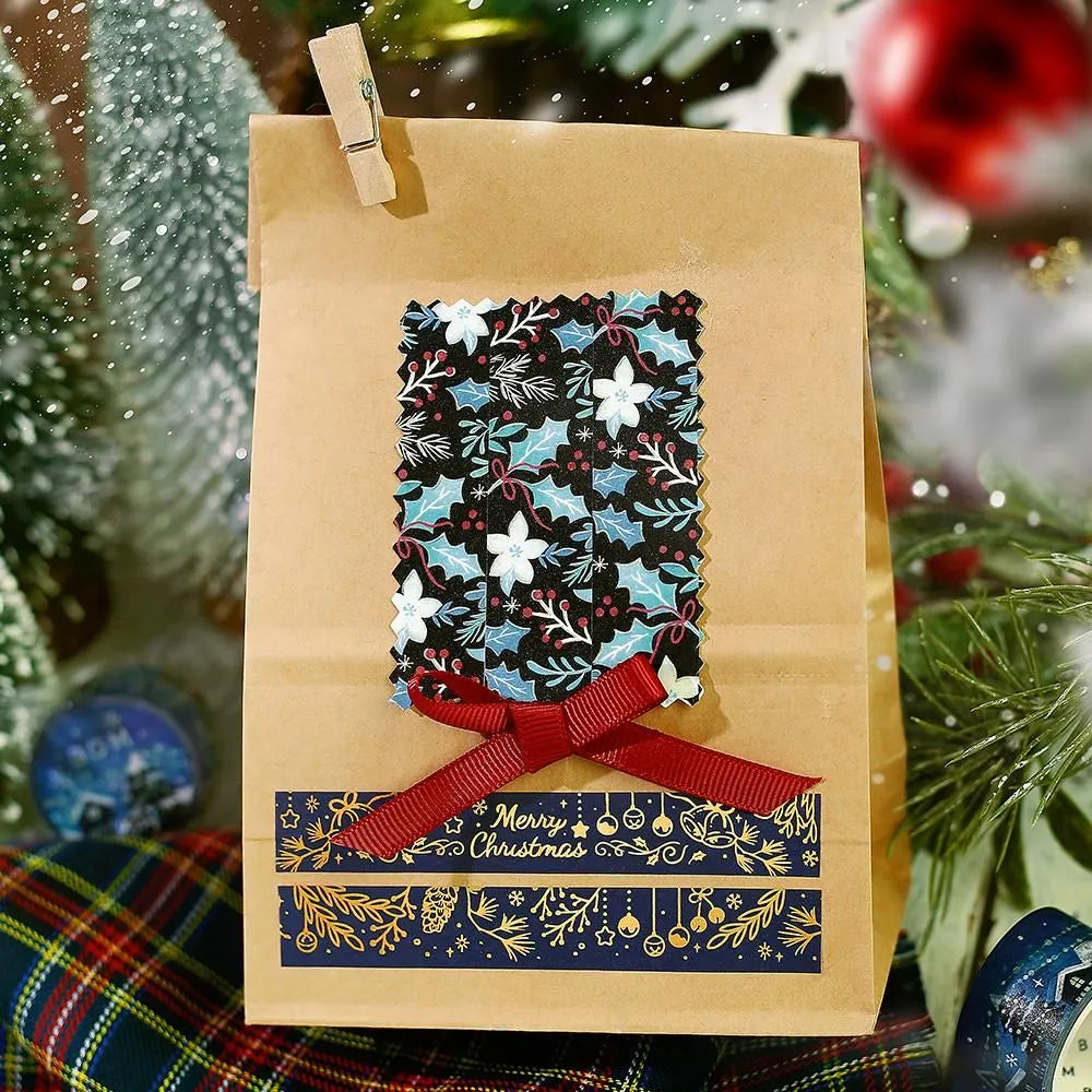BGM Christmas washi tape featuring holly, berries, and winter flowers with gold foil details.