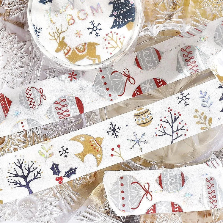 BGM Christmas washi tape featuring Nordic-style red and silver ornaments with foil accents.
