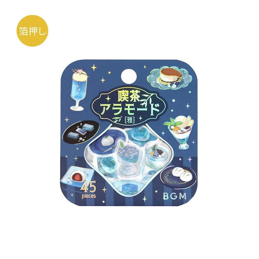 Sheet of blue-themed café flake stickers showing petite plates, parfaits, jelly desserts and drinks with shimmering foil highlights.