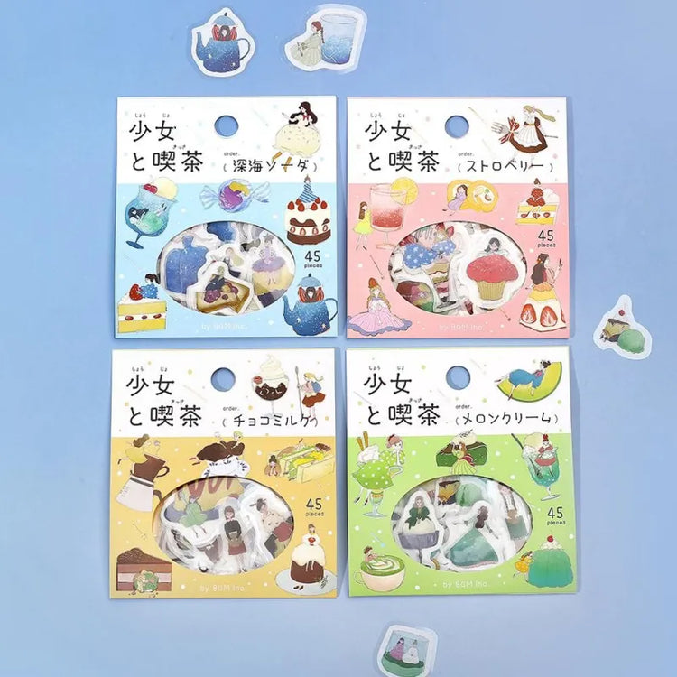 BGM Foil Stamping Flake Seal – Girl and Café series featuring 45-piece sticker sets in whimsical café-inspired themes: Deep Sea Soda, Strawberry, Chocolate Milk, and Melon Cream. Each set includes illustrations of girls, beverages, and treats with washi paper texture and elegant foil stamping.