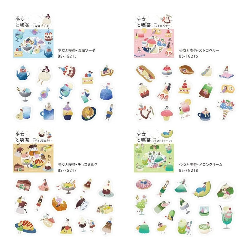 BGM Foil Stamping Flake Seal – Girl and Café series featuring 45-piece sticker sets in whimsical café-inspired themes: Deep Sea Soda, Strawberry, Chocolate Milk, and Melon Cream. Each set includes illustrations of girls, beverages, and treats with washi paper texture and elegant foil stamping.