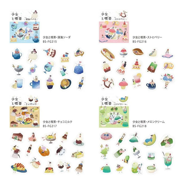BGM Foil Stamping Flake Seal – Girl and Café series featuring 45-piece sticker sets in whimsical café-inspired themes: Deep Sea Soda, Strawberry, Chocolate Milk, and Melon Cream. Each set includes illustrations of girls, beverages, and treats with washi paper texture and elegant foil stamping.