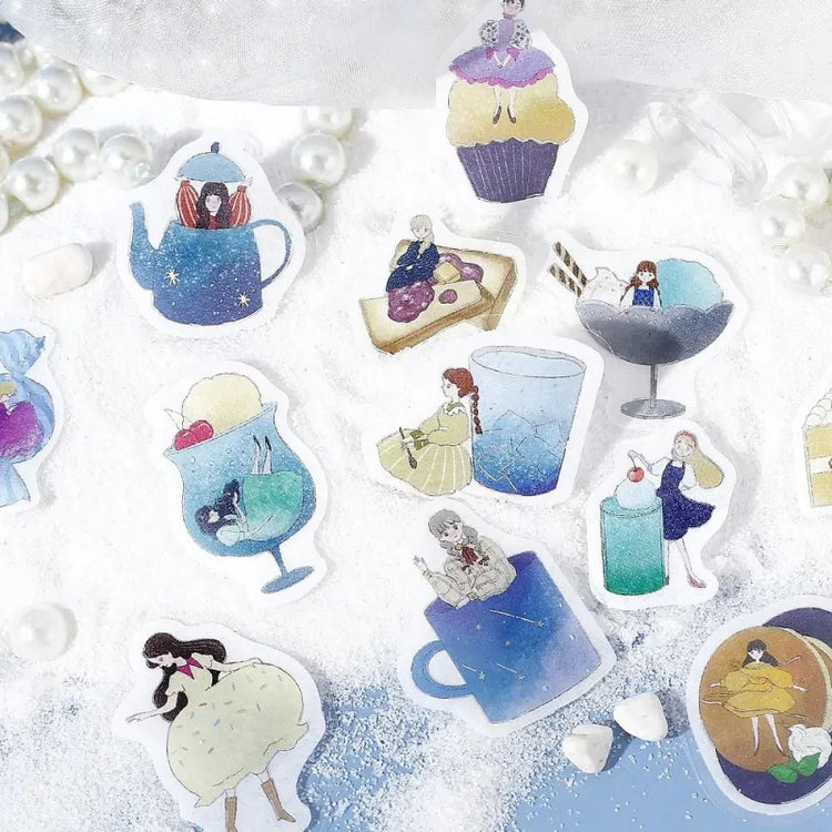 BGM Foil Stamping Flake Seal – Girl and Café: Deep Sea Soda featuring 45 washi stickers with café girls, bubbly beverages, and ocean-inspired sweets, all adorned with foil accents and embossed textures.