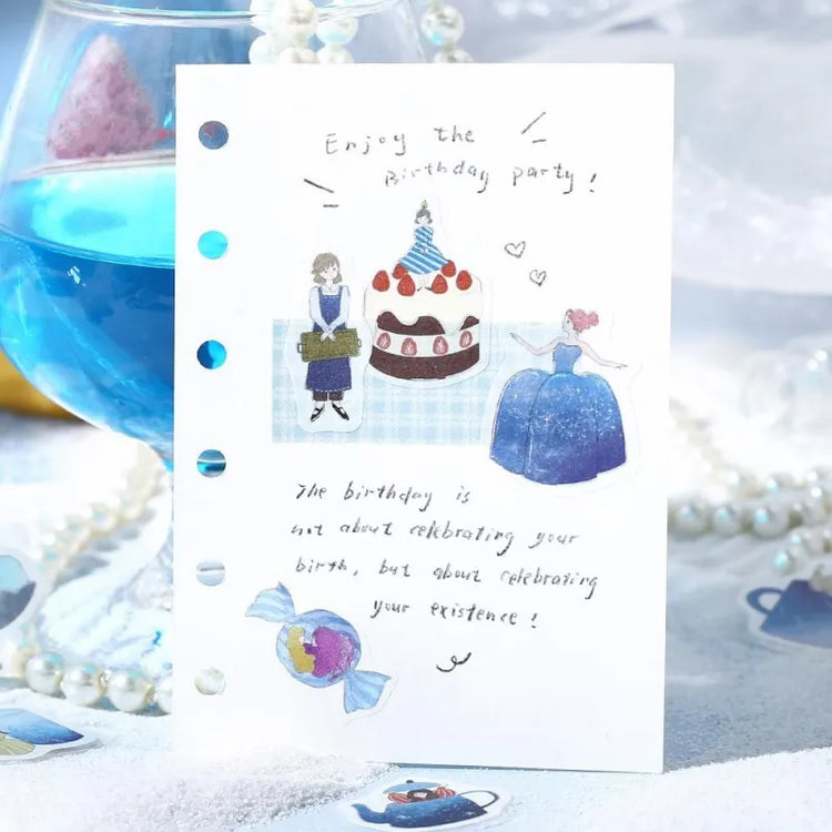 BGM Foil Stamping Flake Seal – Girl and Café: Deep Sea Soda featuring 45 washi stickers with café girls, bubbly beverages, and ocean-inspired sweets, all adorned with foil accents and embossed textures.
