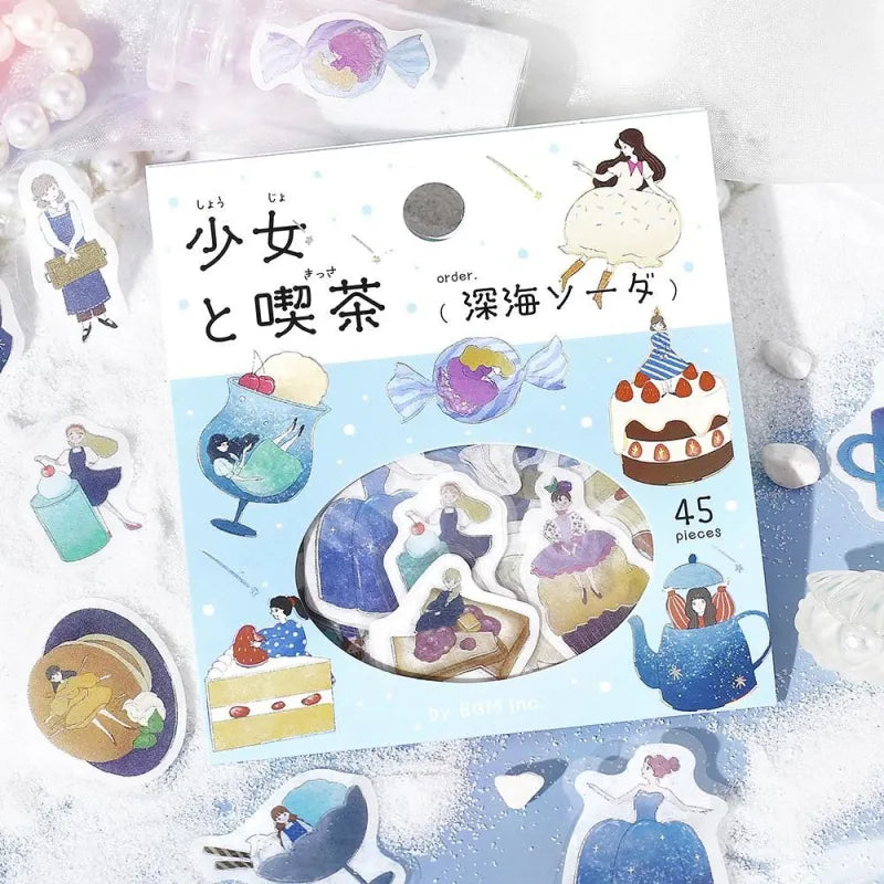 BGM Foil Stamping Flake Seal – Girl and Café: Deep Sea Soda featuring 45 washi stickers with café girls, bubbly beverages, and ocean-inspired sweets, all adorned with foil accents and embossed textures.