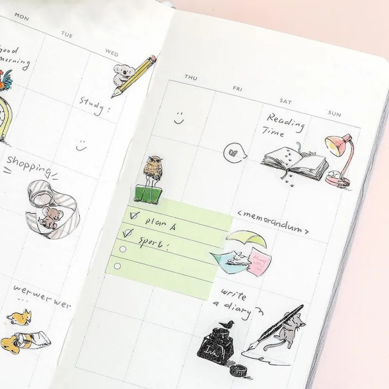 BGM Foil Stamping Flake Seal – Mini Mini Animals: Stationery with 45 washi stickers featuring adorable animals interacting with notebooks, pens, scissors, and other stationery items—enhanced with gold foil accents and a textured finish.