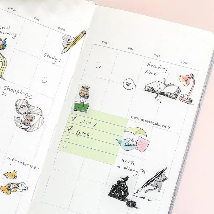BGM Foil Stamping Flake Seal – Mini Mini Animals: Stationery with 45 washi stickers featuring adorable animals interacting with notebooks, pens, scissors, and other stationery items—enhanced with gold foil accents and a textured finish.