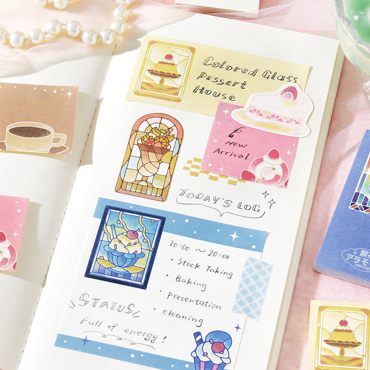 BGM Memo Seal Set: MEMONO — Café à la Mode Stained Glass — with packaging