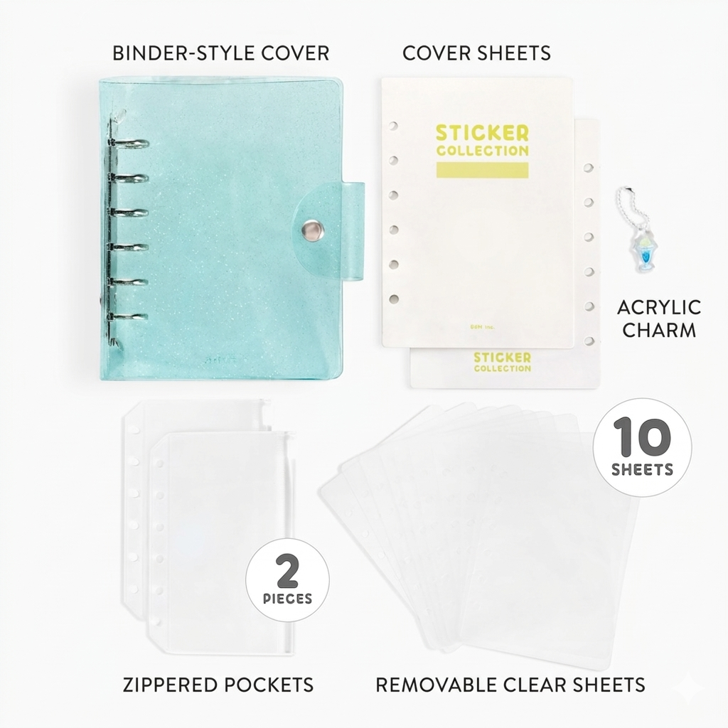 BGM Notebook-Style Sticker Book — A6 Glitter Light Blue — with packaging